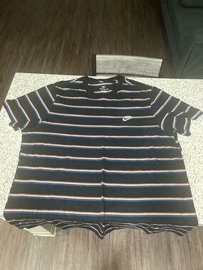Nike Men's Black Crewneck Tee with Blue and Orange Stripes